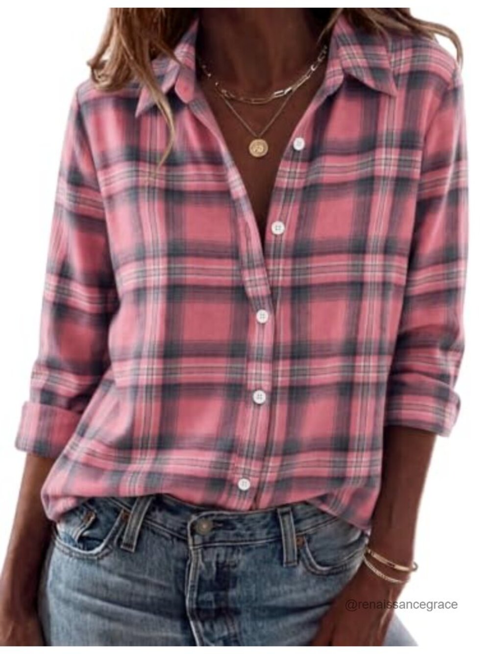 Flannel Plaid Button Down Shirt Long Sleeve V-Neck